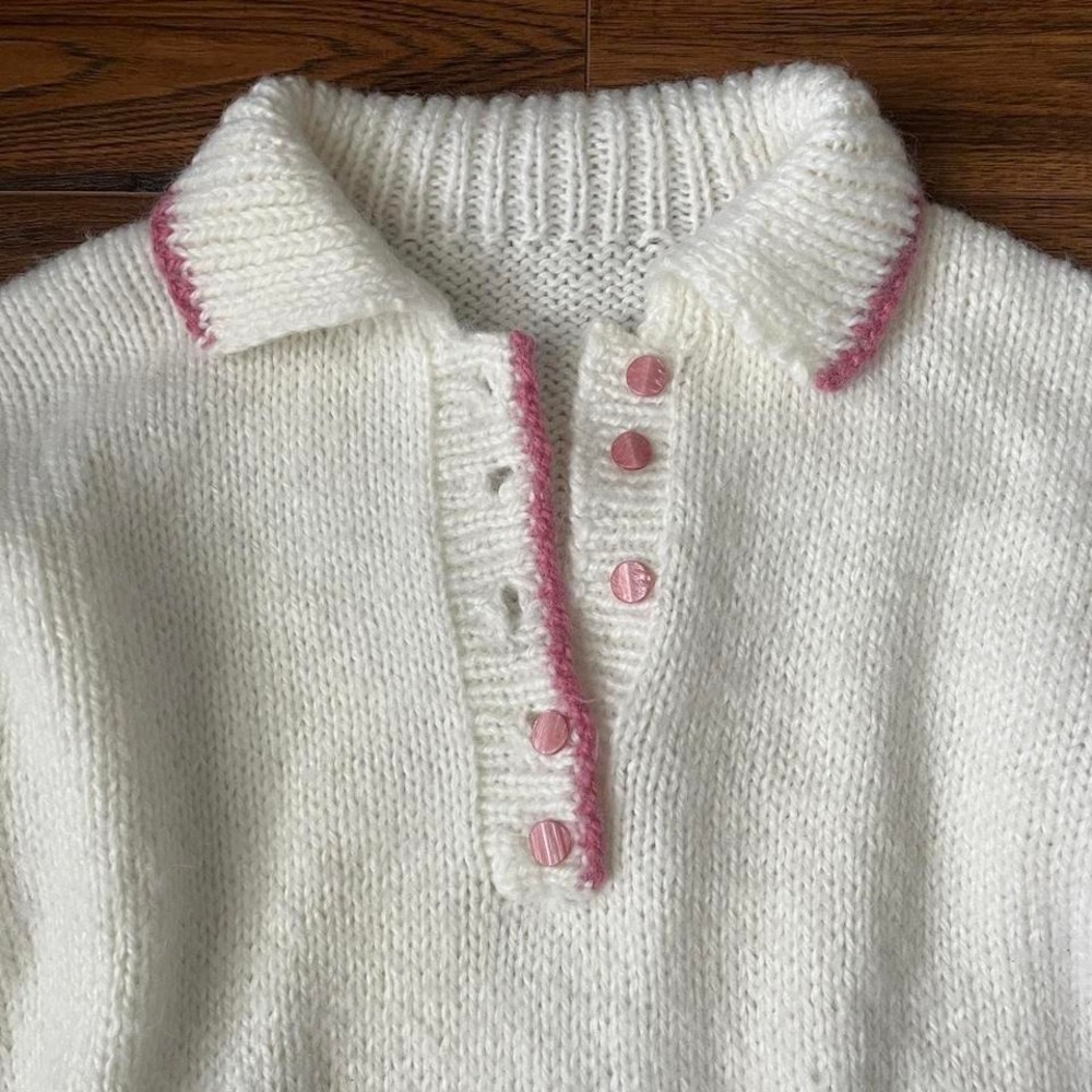 Vintage Handknit Wool‎ Collar Button Pullover Sweater White Pink Medium Coquette - Picture 2 of 6